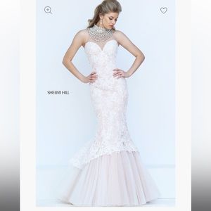 Sherri hill. Size 6. White Lace gown over Nude. Jewelry “neckline”.